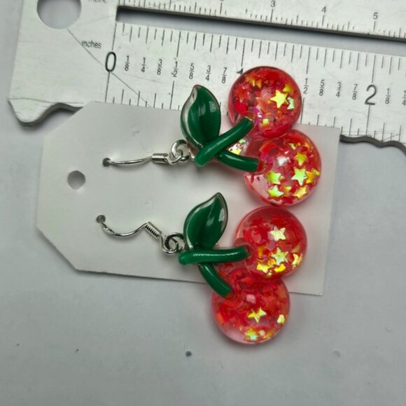 Sparkle Cherry Earrings Pierced Stars Dangle Drop Jewelry Handmade Fashion NWT - Picture 2 of 5